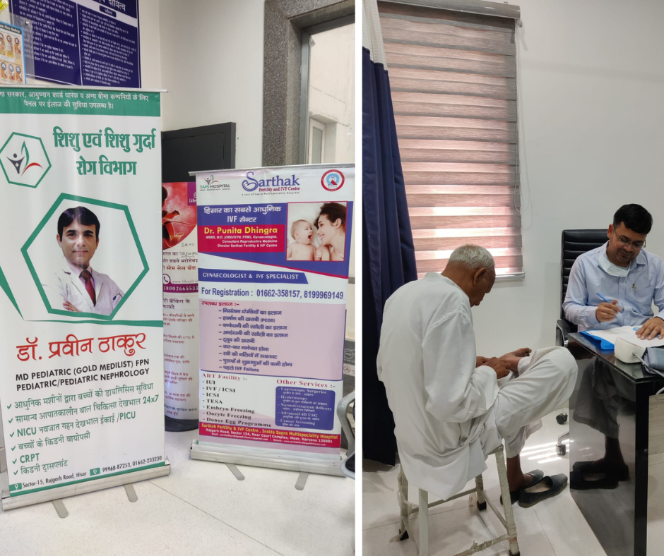 Dr Jaibhagwan Dhull examining the patient in Medical Health checkup camp 